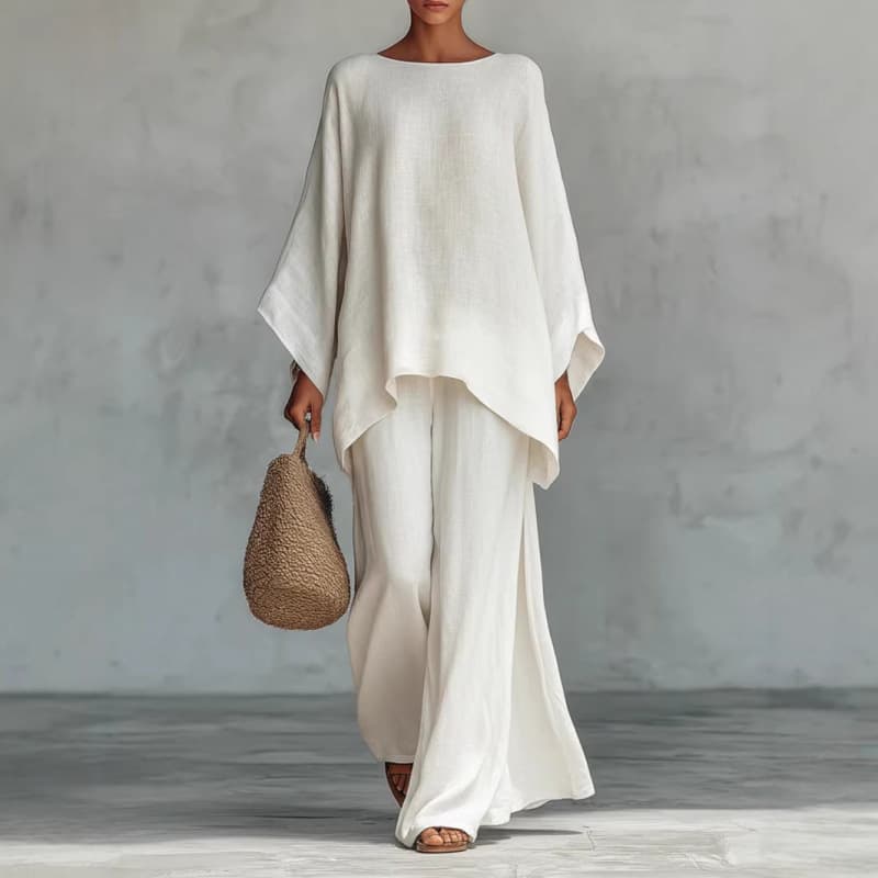 Women's Relaxed Fit Simple Casual Shirt and Wide-Leg Pants Set for Amazon Cross-Border Independent Station