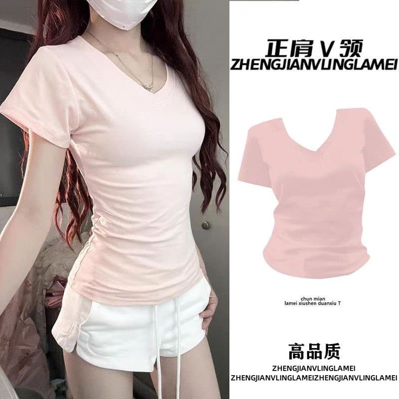 Solid color V-neck short-sleeved T-shirt for women in summer, waist-cinching, casual design, versatile bottoming shirt, basic top, ins trend