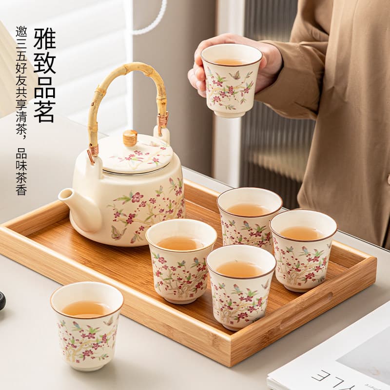 Teapot with Handle, Kung Fu Tea Set, Single Teapot for Home Use, Ceramic Tea Cup Set, Stainless Steel Filter