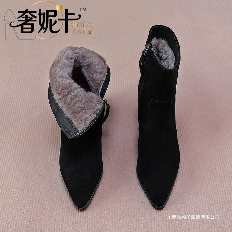 Fur one-piece high heels with velvet for winter 2025 new extra thick pointed toe cotton boots thick heel short boots winter cotton shoes