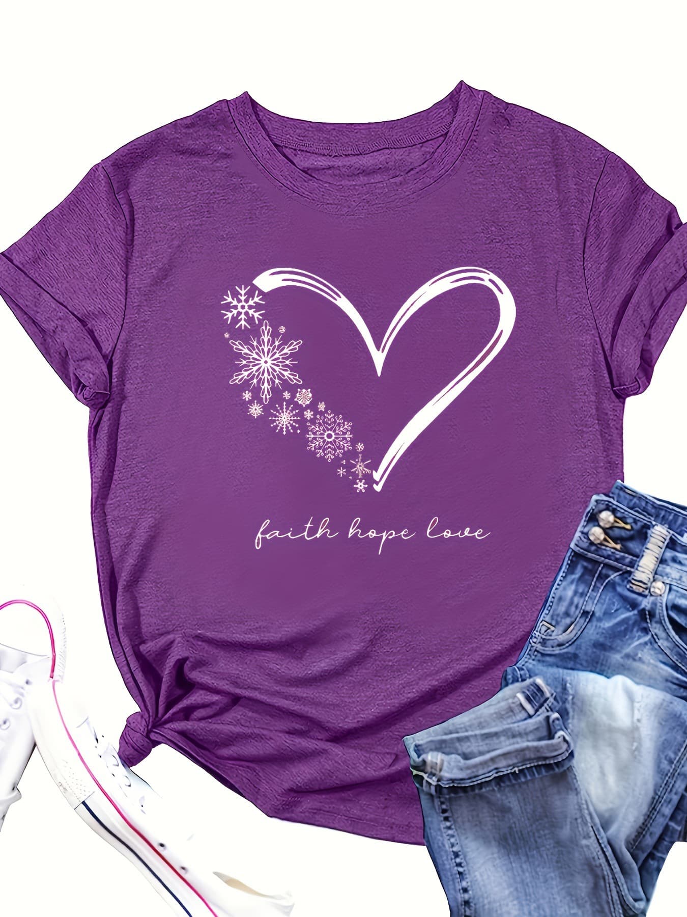 Heart and Snowflake Print T-Shirt, Casual Short Sleeve Crew Top, Women's
