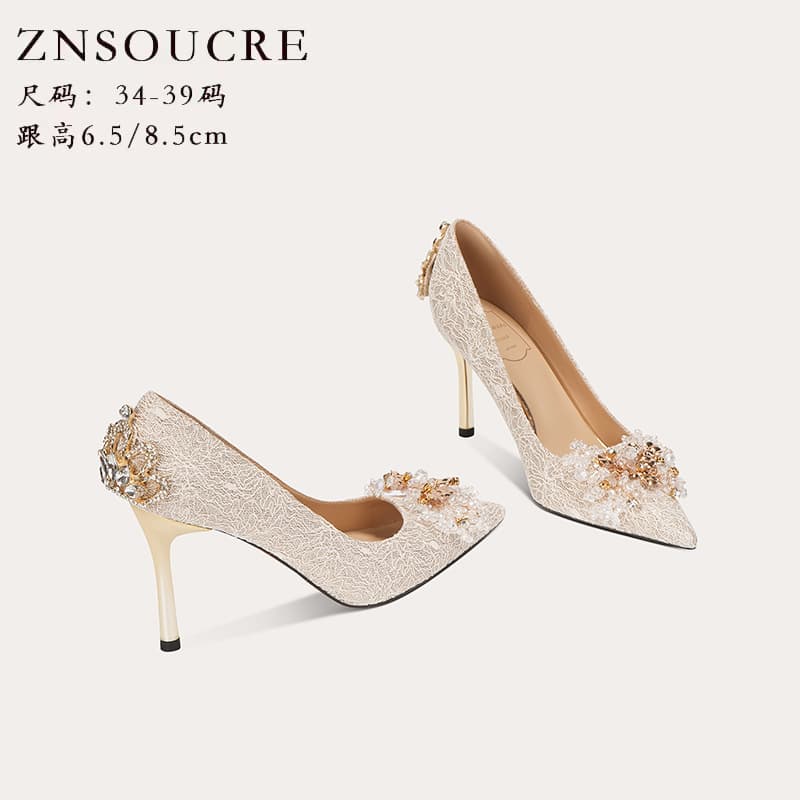 708-A85 Rhinestone High Heel French Style Bride Shoes High Heels Lace New Daily Wear Banquet Heels