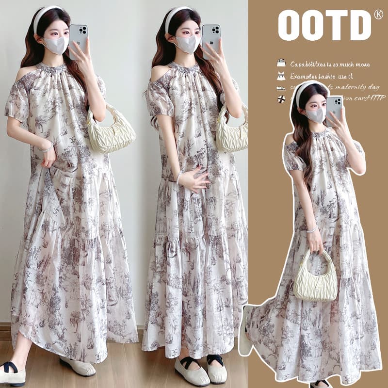 Maternity Wear Dress Summer New Print Fashion Off-Shoulder Dress