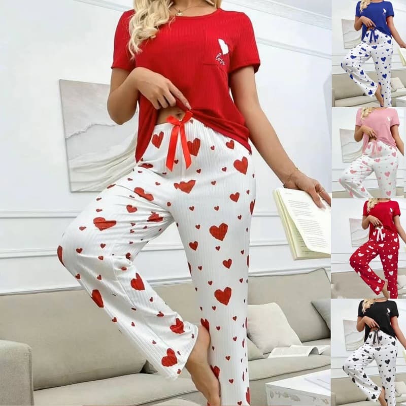 Women's Pajamas Set Short Sleeve Sleepwear with Printed Top and Long Pants