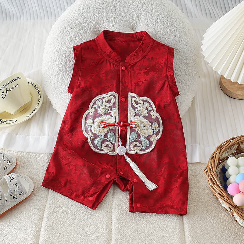 Baby summer jumpsuit thin red festive Chinese style male and female baby full moon 100-day dress newborn crawling suit