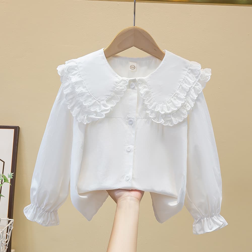Girls' Cotton White Shirt Spring Autumn Long Sleeve School Style Children Student Blouse Fashionable Versatile Top for Middle and Older Kids