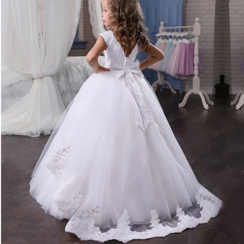 Amazon Hot Selling White Princess Dress Lace Children's Gown Long Train Flower Girl Wedding Dresses