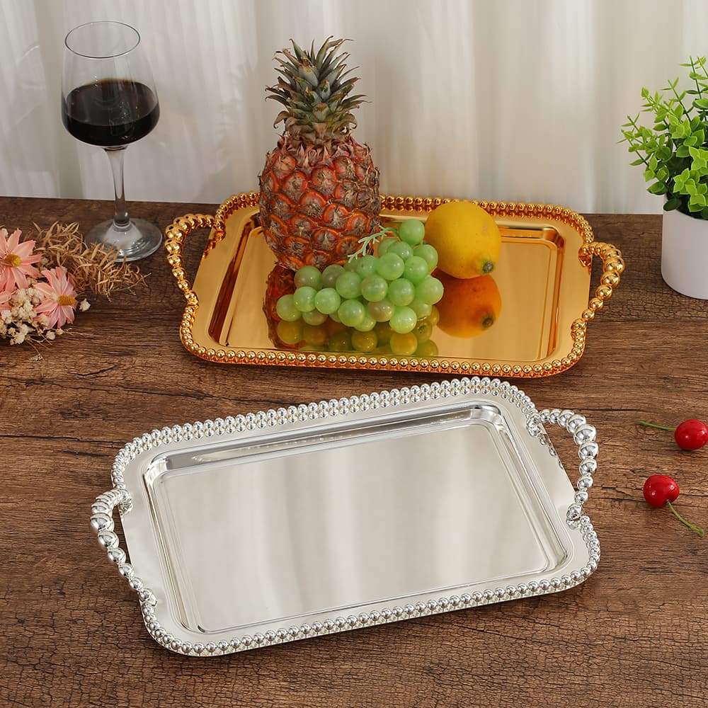 European Style New Tray Decoration Metal Silver-Plated Beaded Square Tray Fruit Plate Baking Cake Tray KTV Supplies
