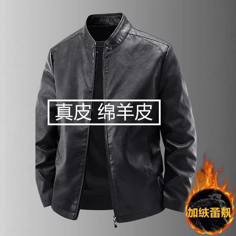 Haining genuine leather jacket for men, stand-up collar, fleece-lined, thickened, slim fit, casual, trendy, and handsome. Motorcycle jacket/coat.