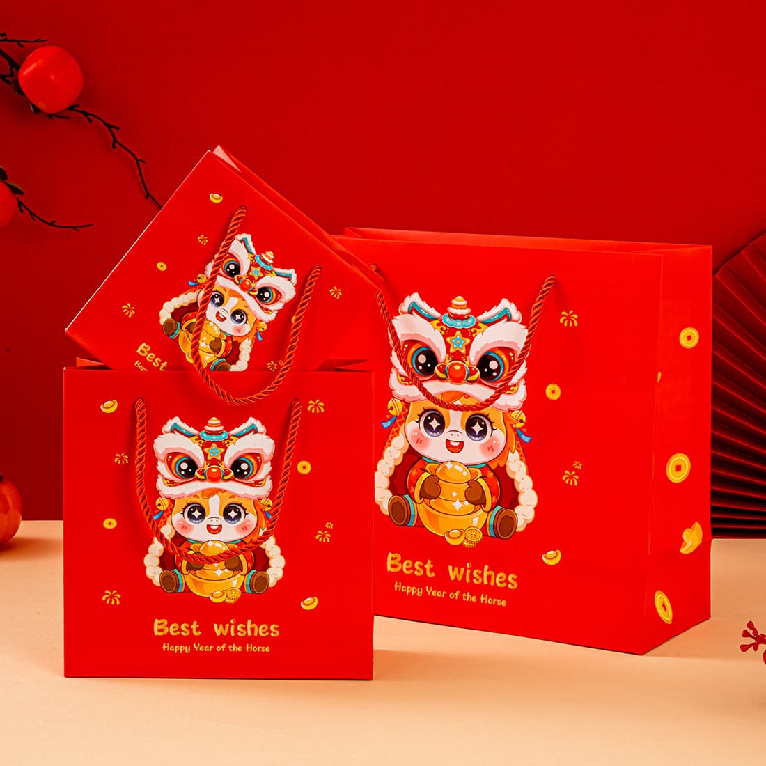 2026 New Year Horse Year Gift Bag Party Favor Bag Tote Bag Red Packaging Bag Candy Gift Bag for Annual Meeting