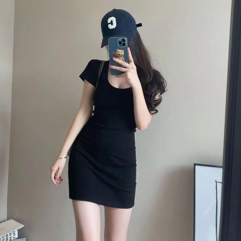 Black European and American hot girl U-neck short-sleeved dress women's new small slim-fitting elastic basic hip-covering short skirt