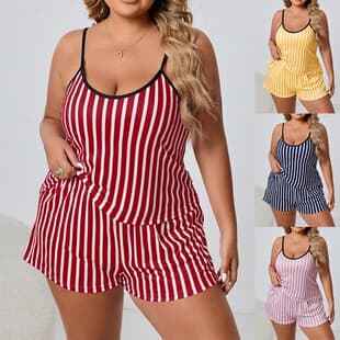 Mo Shang Camisole Loungewear Set Plus Size Women's Pajamas European and American Style Floral Print Stripe Shorts Plus Size Casual Entertainment Home