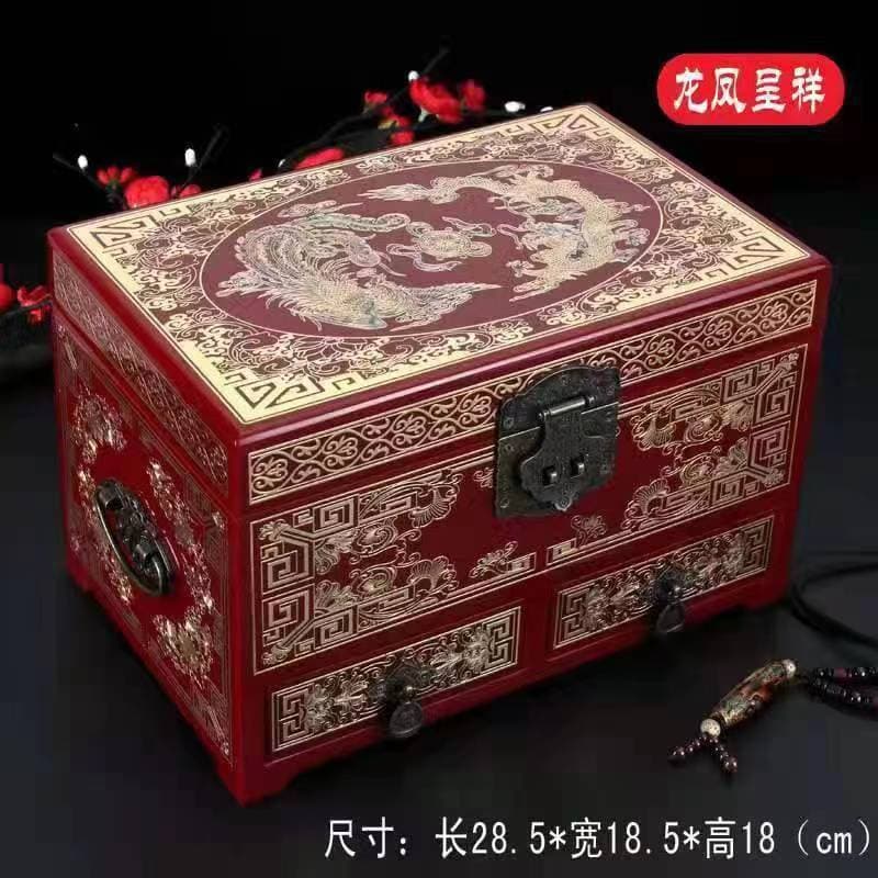 Mother-of-pearl inlaid jewelry box, hand-painted jewelry box with copper wire inlay, lacquerware gift box with phoenix and peony design.