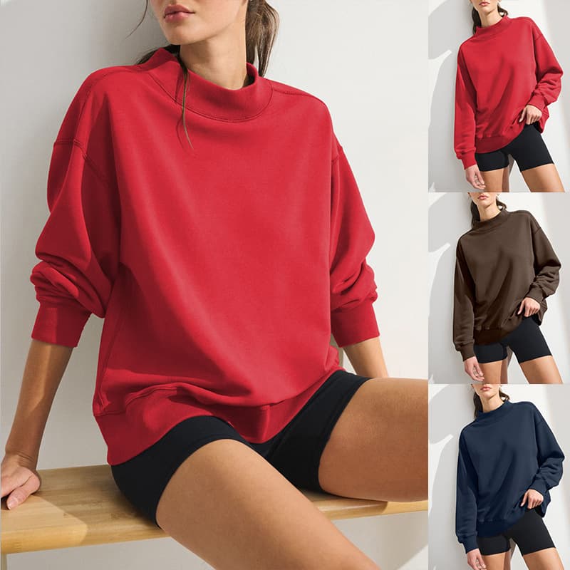 Cross-Border European & American Women's Fashion 2026 Fall/Winter New Arrival Women's Sweatshirt Solid Color Half Turtleneck Loose Pullover Hoodie