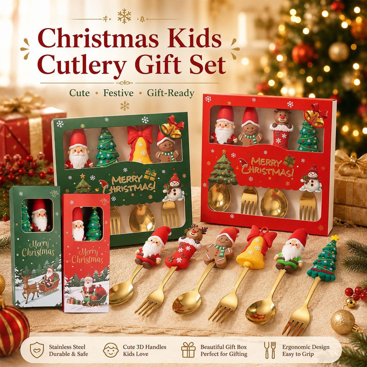 New Stainless Steel Christmas Fork and Spoon Cutlery Set Kids Cartoon Christmas Reindeer Rice Spoon Fork Dessert Spoon Gift Box
