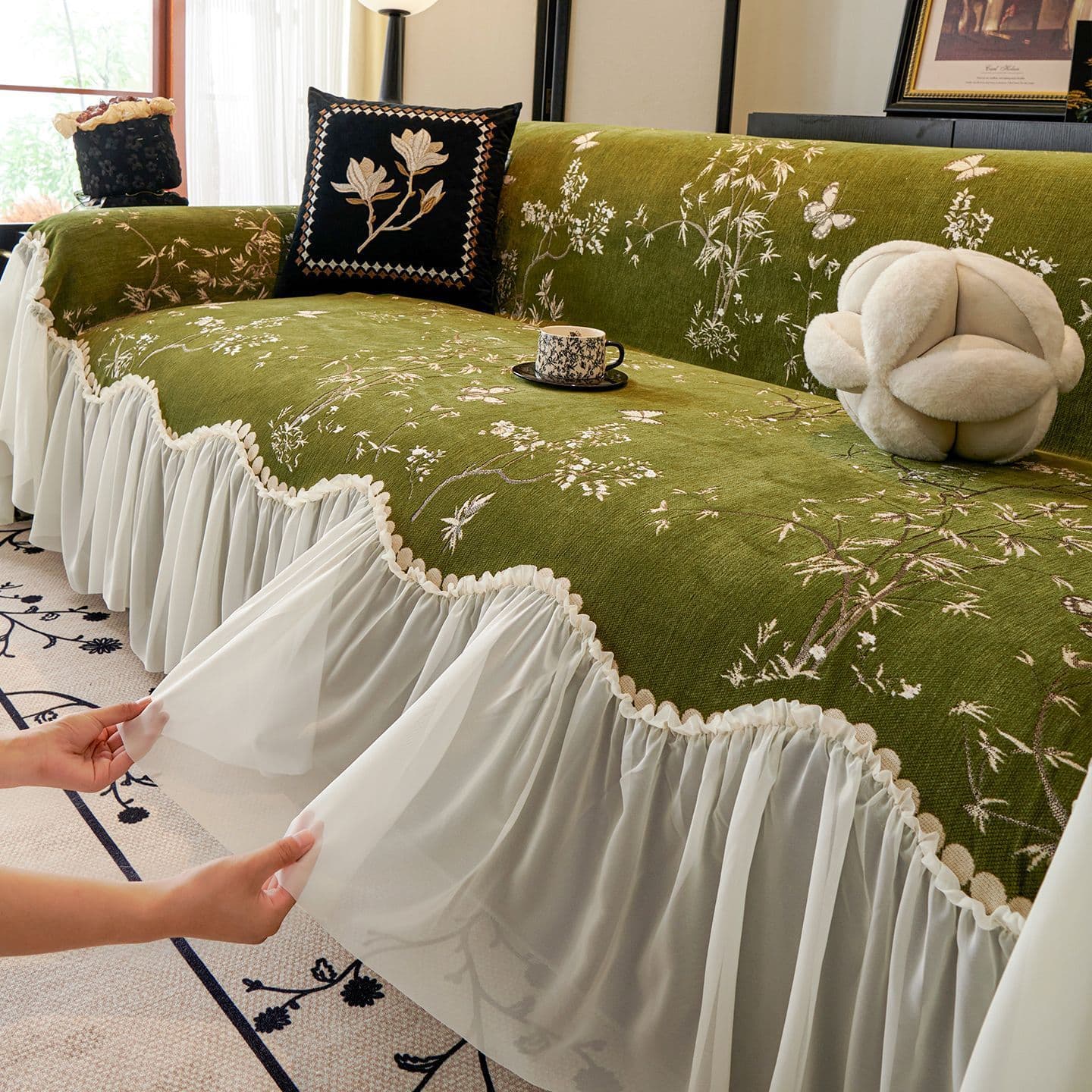 J5D retro high-end skirted sofa cushion cover, 2025 new model, all-season one-piece seat cover