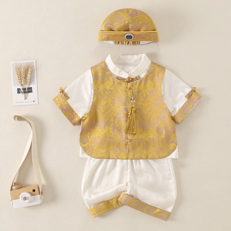 Baby Boy Formal Wear Summer First Birthday Zhaozhou Suit Gold Two-Piece Tang Suit, Chinese Style for 100 Days