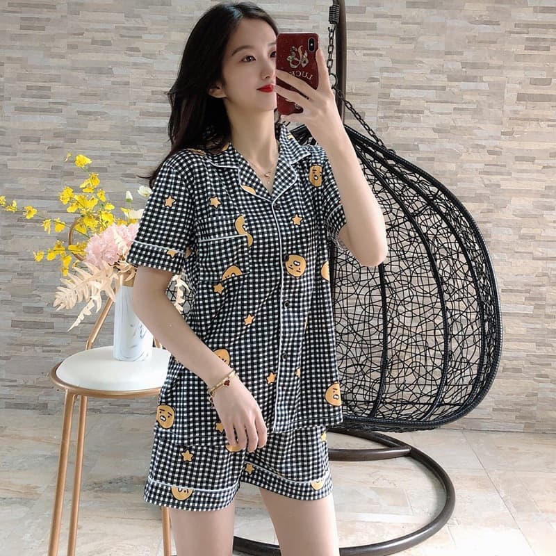 Cross-Border In-Stock New Pajamas for Women Summer Notch Lapel Cardigan Short Sleeve Shorts Milk Silk Cute Cartoon Homewear Set