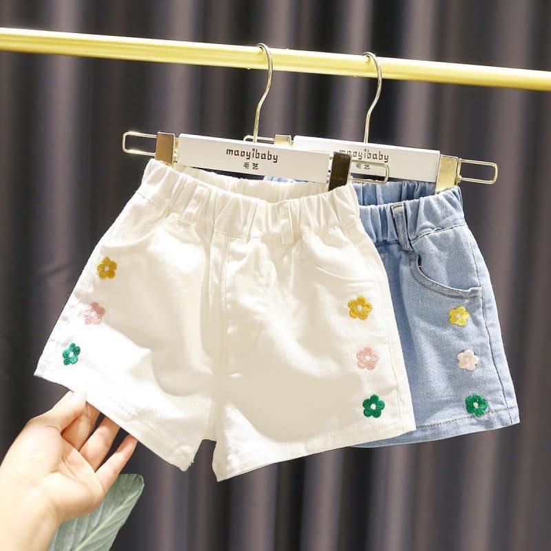 Embroidered Floral White Denim Shorts for Baby Girls - Summer Infant Cute Washed Hot Pants