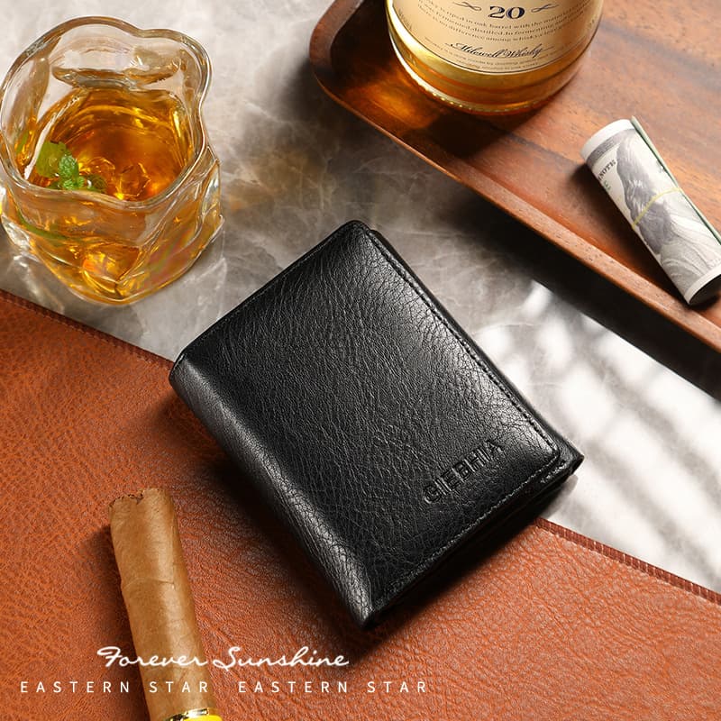 Cross-border Men's Wallet RFID Anti-theft Brush Genuine Leather Texture Short Tri-fold Wallet Wholesale Father's Day Gift In Stock