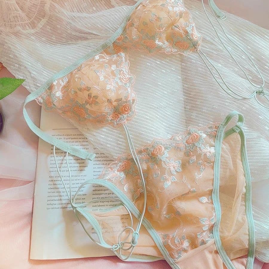 French Sexy Pure Desire Ultra-Thin Embroidered Lace Bra Wire-Free Triangle Cup Thin Strap Backless Bra Set for Women