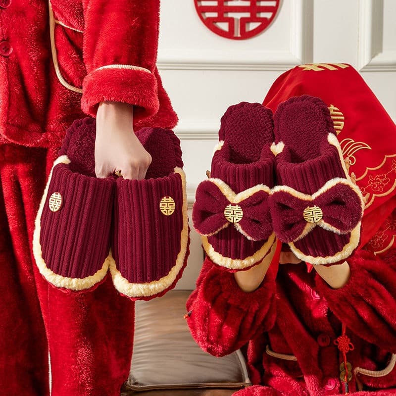 Red Wedding Slippers with Fleece Lining, Couples Festive Indoor Non-Slip Home Shoes, Bride Dowry Cotton Slippers, Wedding Bulk Wholesale