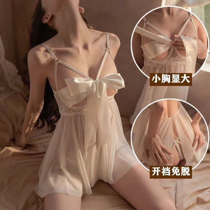 New sexy strappy nightgown, push-up lace trim sheer seduction, no-need-to-remove slimming sleepwear bow set.