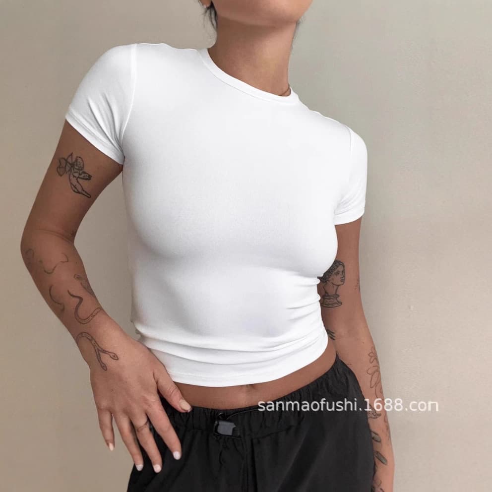 Cross-border Amazon 2025 women's new solid color slim-fit short-sleeved T-shirt women's fashion casual bottoming shirt top