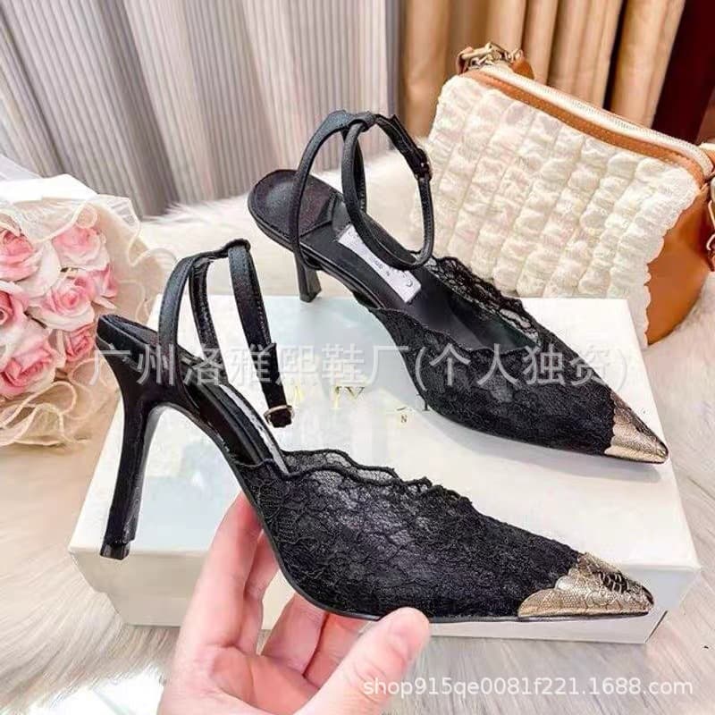 High-end JC Lace Hollow Pointed Toe High Heels Women's Thin Heel One-Strap Sandals Celebrity Style Women's Single Shoes Wedding Shoes