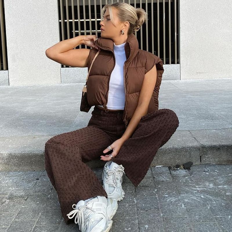 Foreign trade autumn and winter new European and American cross-border women's clothing wish short stand collar drawstring versatile fashionable cotton vest