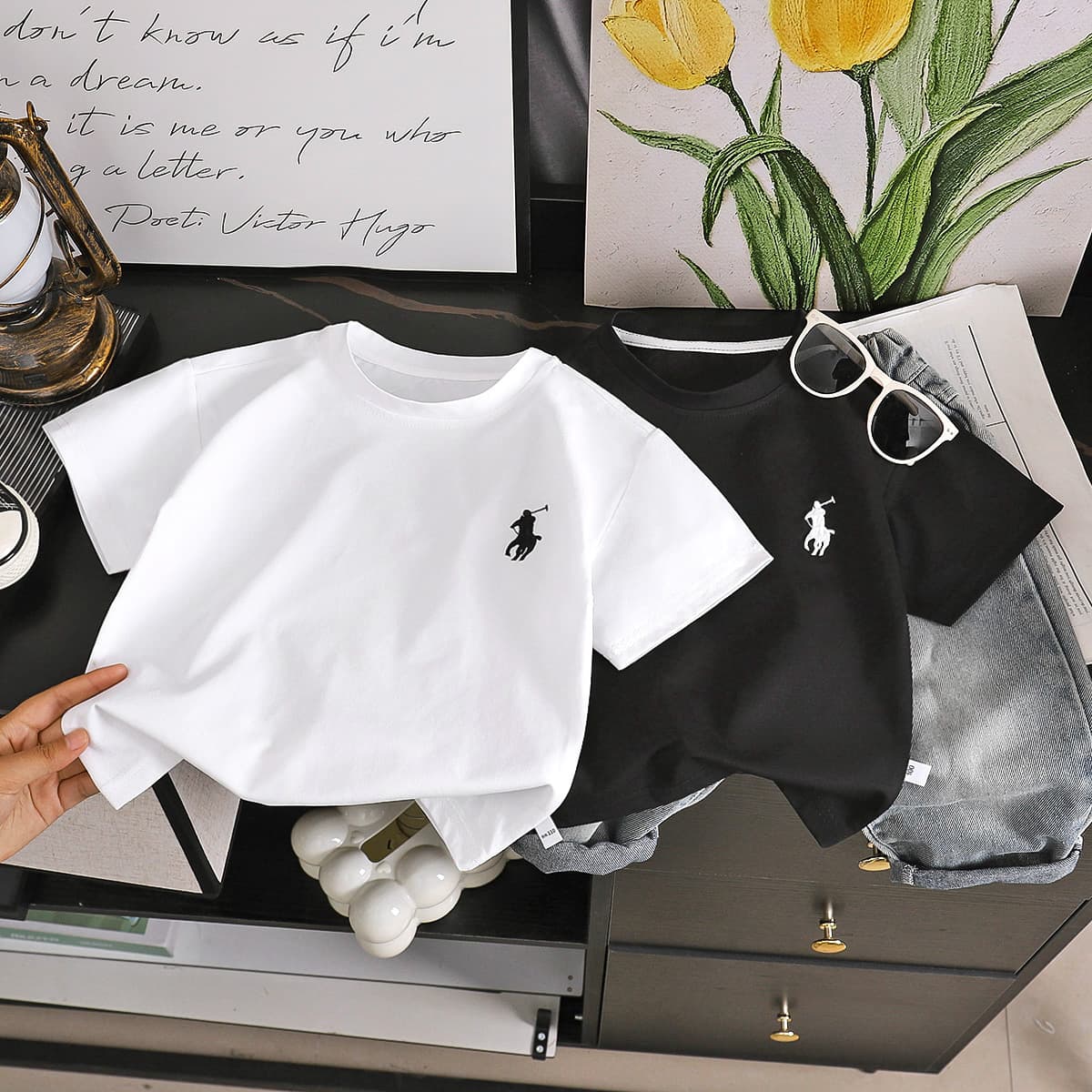 New Summer Kids Fashion T-Shirt Boys Versatile Embroidered Top Girls Solid Color Korean Style Casual Crew Neck Short Sleeve