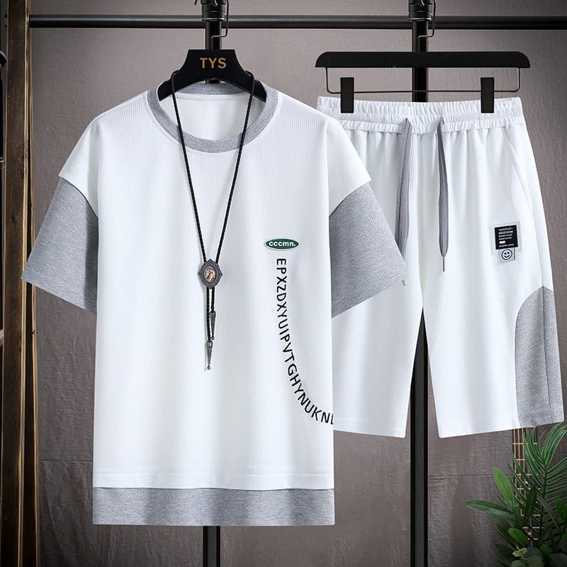 Waffle Pattern Sport Set for Men Summer Thin Loose Fit T-Shirt Casual Short Sleeve Shorts Men's Matching Outfit Stylish