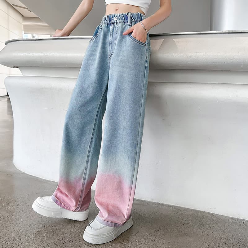 Girls' Jeans Summer 2025 New Arrival, Fashionable and Cool Gradient Lightweight Wide-Leg Jeans for Older Children