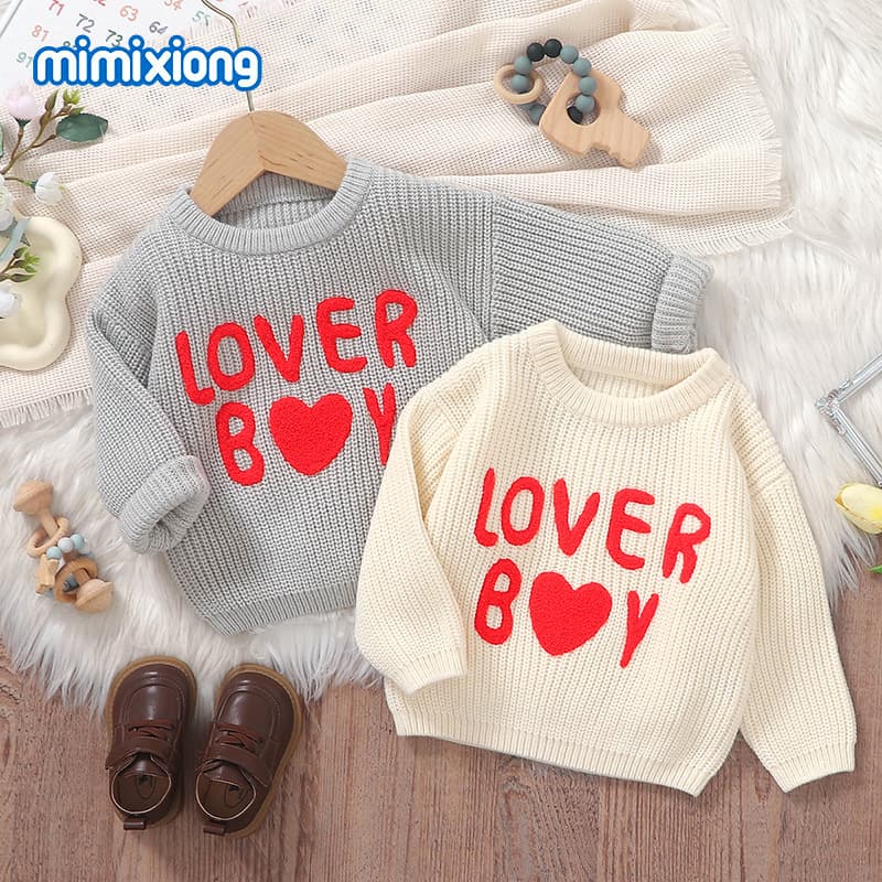 Trending on Instagram New Infant Towel Embroidery Text Pattern Knit Round Neck Top Sweater