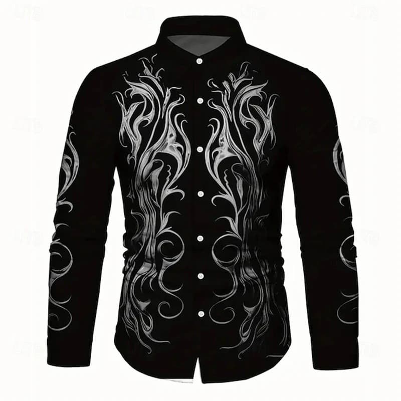 Cross-border Exquisite Vintage 3D Print Collar Shirt Men's Slim Fit Long Sleeve Formal Button-Down Shirt Casual Men's Clothing