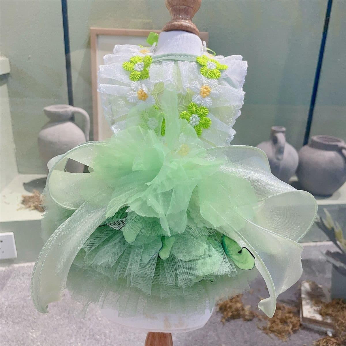 Spring Pet Dress with Green Butterfly Wings, Bear Foam High-End Design for Bichon Frise, Teddy, Poodle, Golden Retriever, Corgi