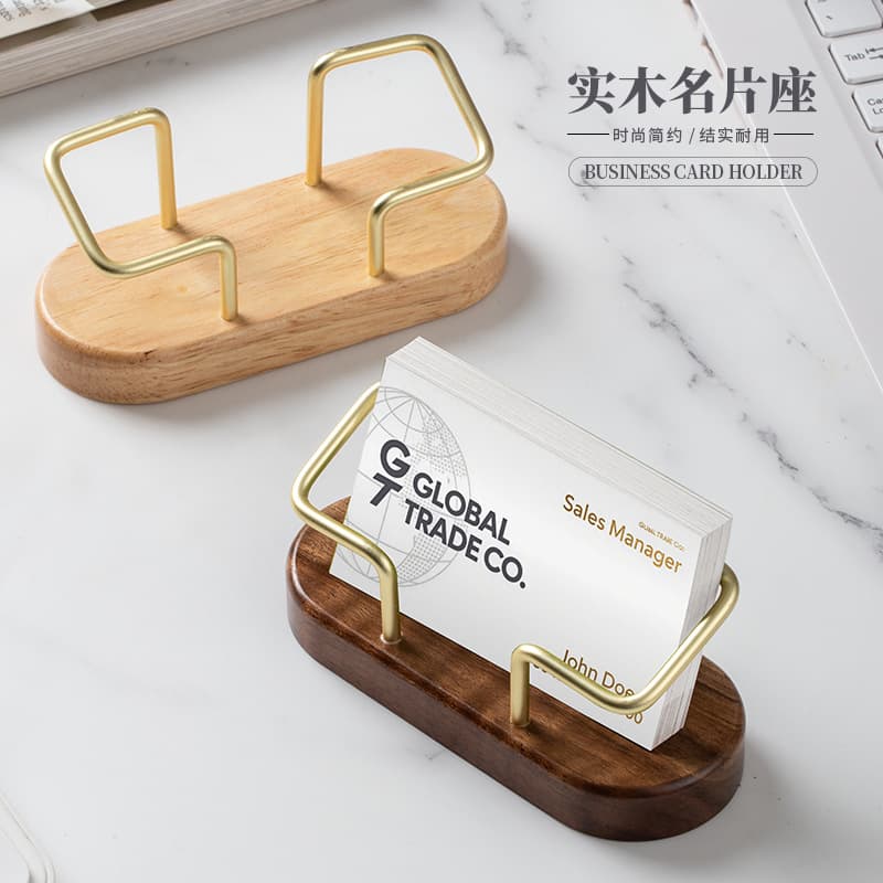 Wooden Business Card Stand Hotel Front Desk Display Solid Wood High-End Minimalist Metal Card Holder Commercial Card Storage Box