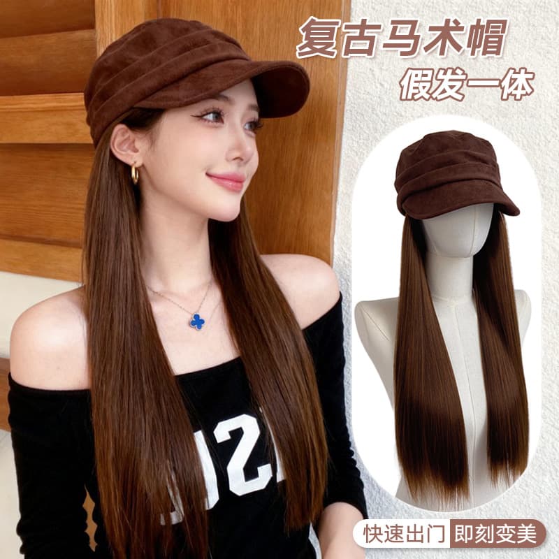 Factory Direct Equestrian Flat Top Hat with Integrated Wig for Women Long Straight Natural Realistic Hair Full Head Cover Drop Shipping