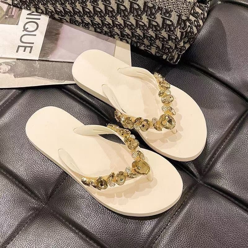 2025 Summer New Non-Slip Beach Sandals Outdoor Sparkling Rhinestone Fashion Elevated Wedge Thick Bottom Flip Flops for Women