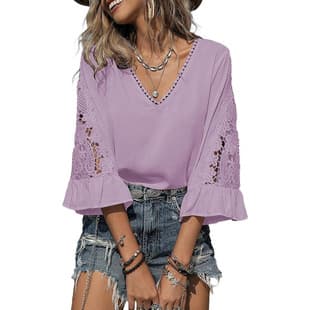 Cross-border Amazon V-Neck T-Shirt Three-Quarter Sleeve Casual Top for Women 2026 Spring New Hollow Fashion Top