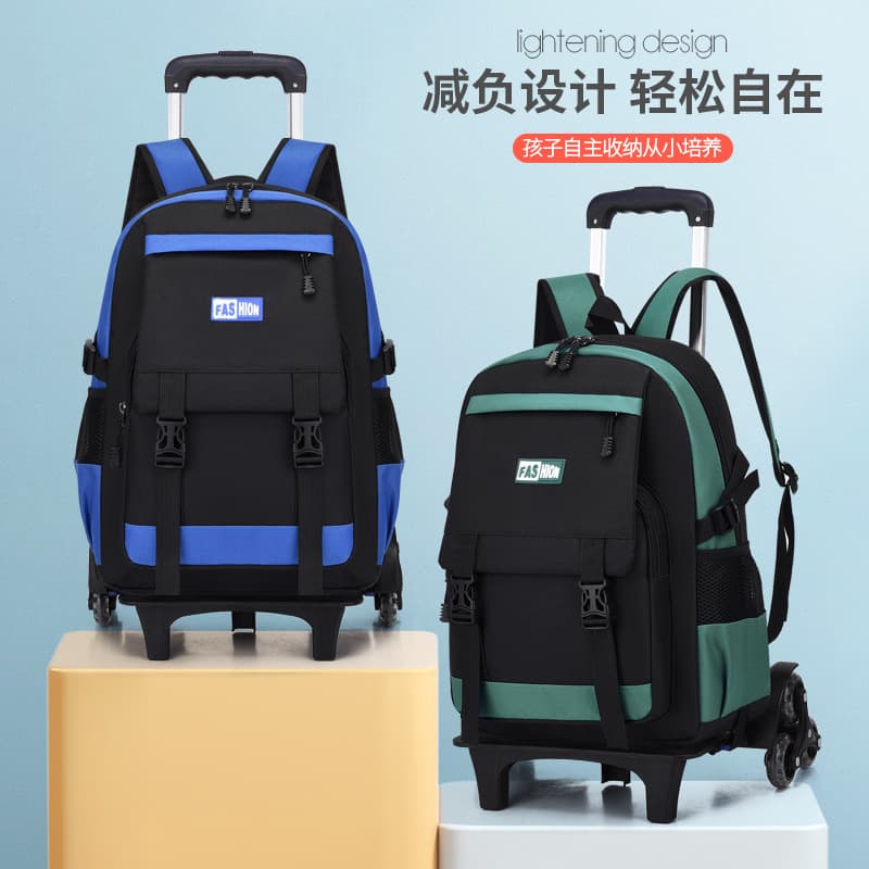 New Cross-Border Trolley Backpack for Elementary School Boys Grades 3-6 Large Capacity Student Pull Cart Bag Wholesale Custom