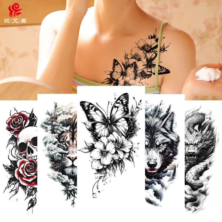 Wholesale Flower Arm Black and White Animal Tattoo Stickers, Waterproof, for Men and Women, Arm and Chest Simulation Tattoo Stickers