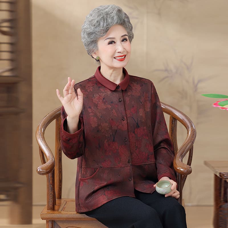 Women's clothing for middle-aged and elderly women, spring and autumn outerwear, thin tops, stylish grandma shirts, long-sleeved clothes for old ladies.