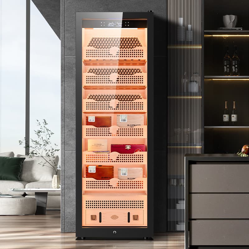 Qielong 408C Cigarette Cabinet with Precision Temperature and Humidity Control, Cedar Wood Inner Liner, WiFi, Compressor Refrigeration, and Ammonia Removal.