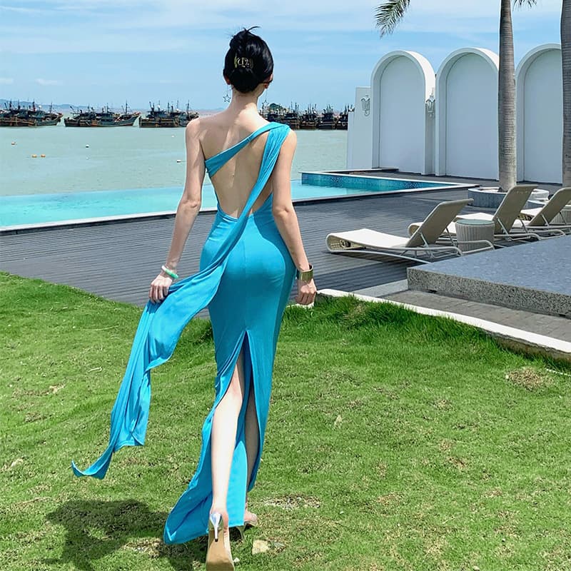 Sexy Backless Dress for Beach Vacation, Blue Slimming Flowing Long Dress with Ribbon, Suitable for Annual Party, Birthday, Ankle-Length