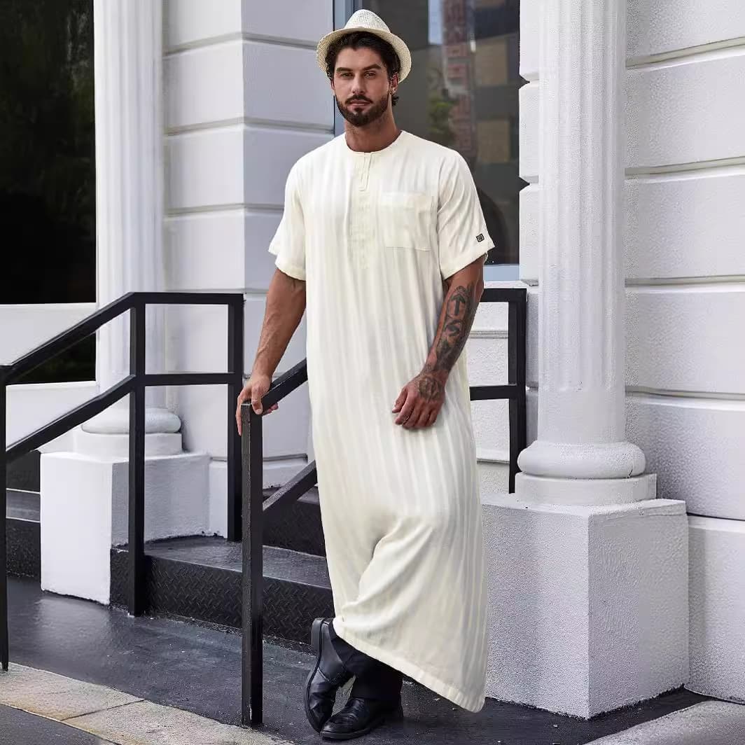 Turkish Men's Short Sleeve Solid Color Mid-Length Thobe 181-18