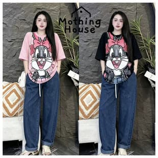 Southeast Asian Rabbit Cartoon Print Short Sleeve Drawstring Wide Leg Pants Loose Korean Daily Casual Women's Two-Piece Set