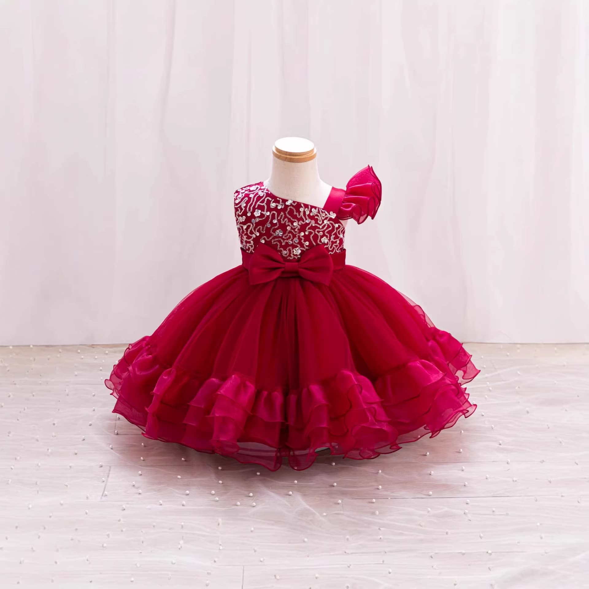 Children's Birthday Princess Dress Red Girl Sequins Bow Tutu Flower Girl Wedding Performance Costume