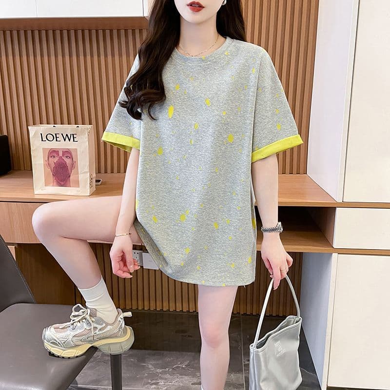 Double-Sided Fabric + Burnt Flower Pattern Mid-Length Pure Cotton Short-Sleeve T-Shirt for Women, 2026 Summer New European Style Oversized Top for Women