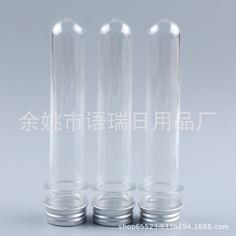 45ml transparent cylindrical PET test tube bottles, specialized leak-proof design, customizable portable storage with lids for travel.